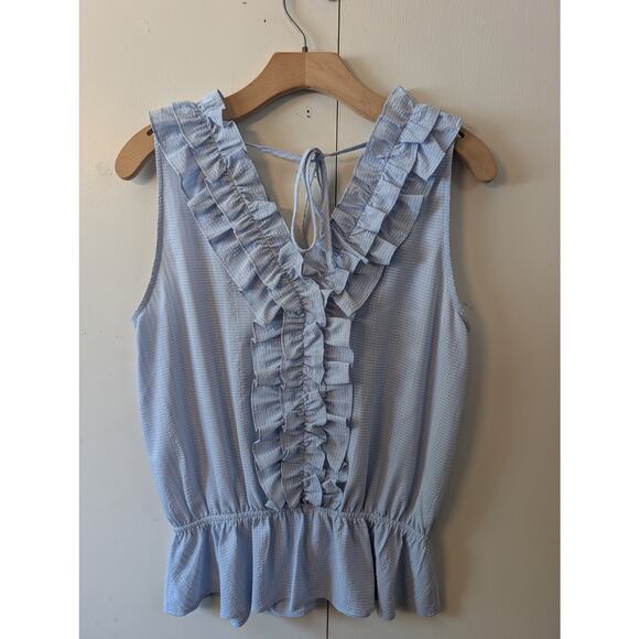 Doe & Rae Blue Ruffle V Neck Top - Picture 10 of 13